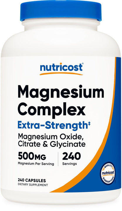 Nutricost Magnesium Complex Extra Strength 500mg, 240 Kapseln – Magnesiumoxid, -citrat und -glycinat – Glutenfrei und Nicht-GVO