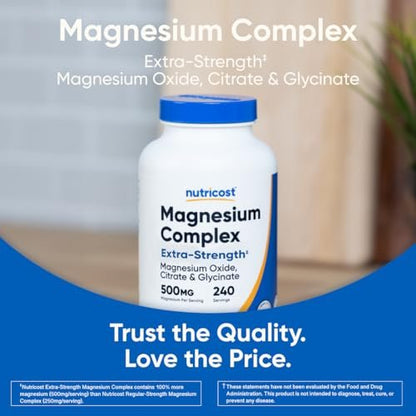 Nutricost Magnesium Complex Extra Strength 500mg, 240 Kapseln – Magnesiumoxid, -citrat und -glycinat – Glutenfrei und Nicht-GVO