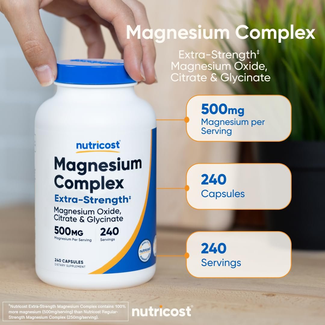 Nutricost Magnesium Complex Extra Strength 500mg, 240 Kapseln – Magnesiumoxid, -citrat und -glycinat – Glutenfrei und Nicht-GVO