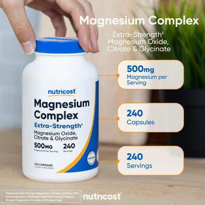 Nutricost Magnesium Complex Extra Strength 500mg, 240 Kapseln – Magnesiumoxid, -citrat und -glycinat – Glutenfrei und Nicht-GVO