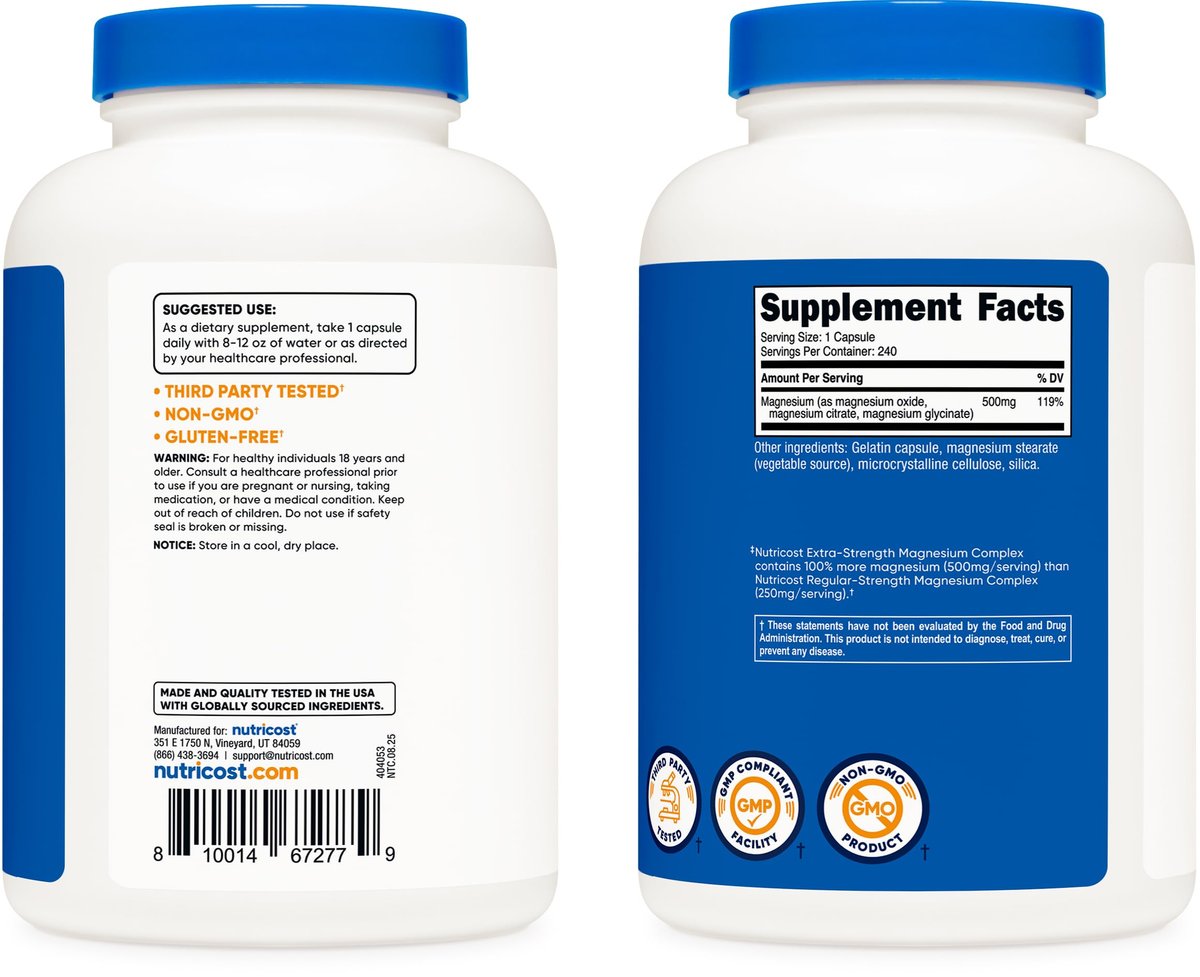 Nutricost Magnesium Complex Extra Strength 500mg, 240 Kapseln – Magnesiumoxid, -citrat und -glycinat – Glutenfrei und Nicht-GVO