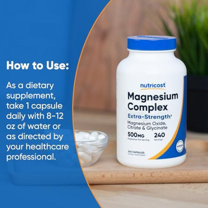 Nutricost Magnesium Complex Extra Strength 500mg, 240 Kapseln – Magnesiumoxid, -citrat und -glycinat – Glutenfrei und Nicht-GVO