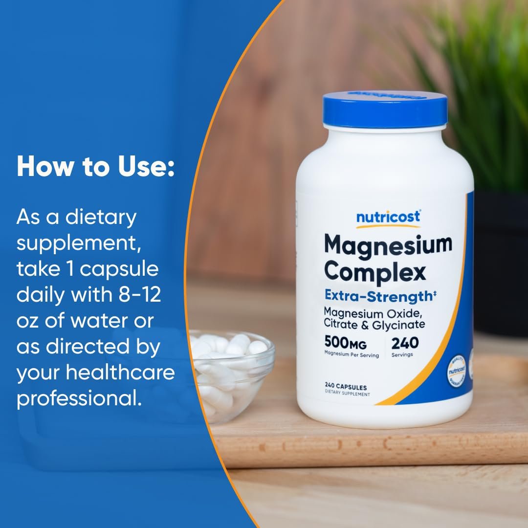 Nutricost Magnesium Complex Extra Strength 500mg, 240 Kapseln – Magnesiumoxid, -citrat und -glycinat – Glutenfrei und Nicht-GVO
