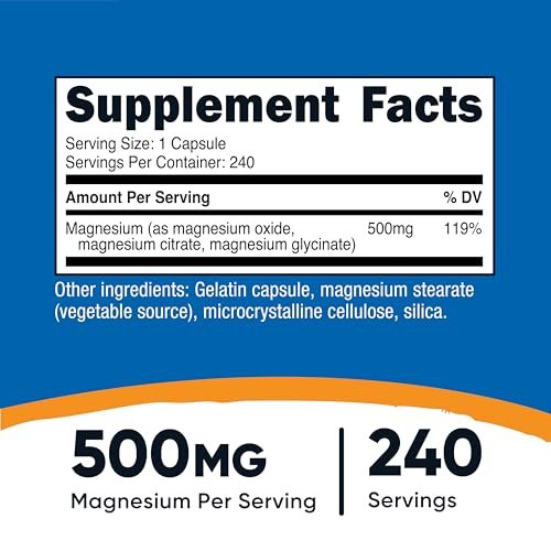 Nutricost Magnesium Complex Extra Strength 500mg, 240 Kapseln – Magnesiumoxid, -citrat und -glycinat – Glutenfrei und Nicht-GVO