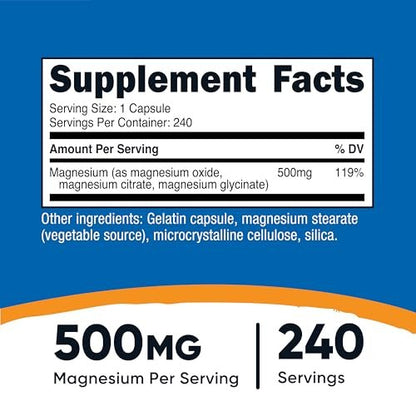 Nutricost Magnesium Complex Extra Strength 500mg, 240 Kapseln – Magnesiumoxid, -citrat und -glycinat – Glutenfrei und Nicht-GVO