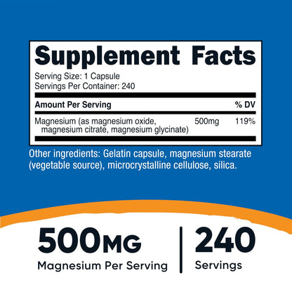 Nutricost Magnesium Complex Extra Strength 500mg, 240 Kapseln – Magnesiumoxid, -citrat und -glycinat – Glutenfrei und Nicht-GVO