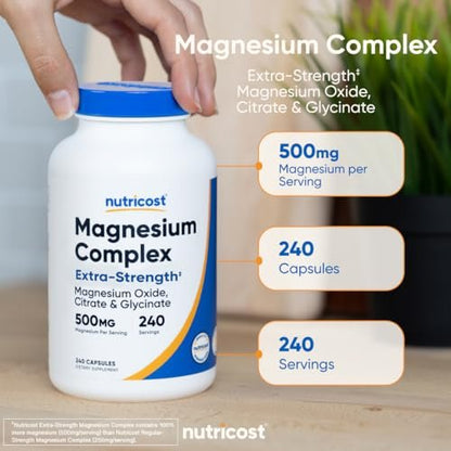 Nutricost Magnesium Complex Extra Strength 500mg, 240 Kapseln – Magnesiumoxid, -citrat und -glycinat – Glutenfrei und Nicht-GVO