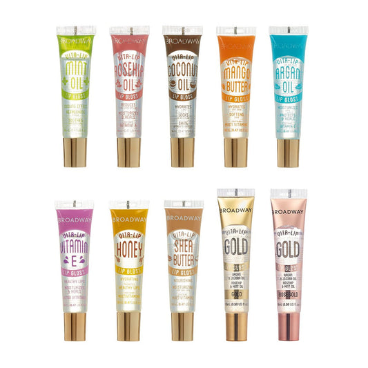 Ruby Kisses Broadway Vita-Lip Clear Lip Gloss (10er Pack) – Ultra-feuchtigkeitsspendender & pflegender Lippenglanz mit Vitaminen, hochglänzend & nicht klebend, in den Sorten Minze, Hagebutte, Kokosnuss, Mango, Argan, Honig, Shea