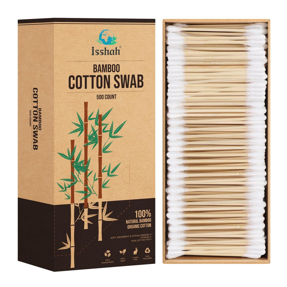 Isshah Bambus Wattestäbchen - 500 Stück - FSC-zertifiziert & PETA-geprüft, umweltfreundlich, plastikfrei, 100% biologisch abbaubar, natürliche Ohrenstäbchen
