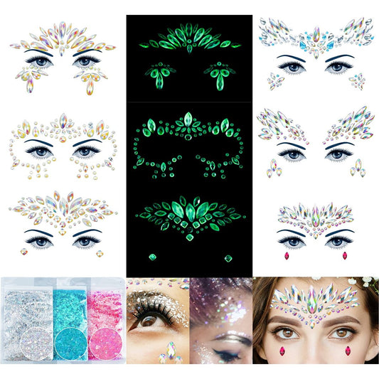 6 Blätter Face Gems Aufkleber - Glitzernde Strasssteine temporäre Tattoos für Frauen, Festival Rave Outfit Euphoria Accessoires (30g, 3Luminous)
