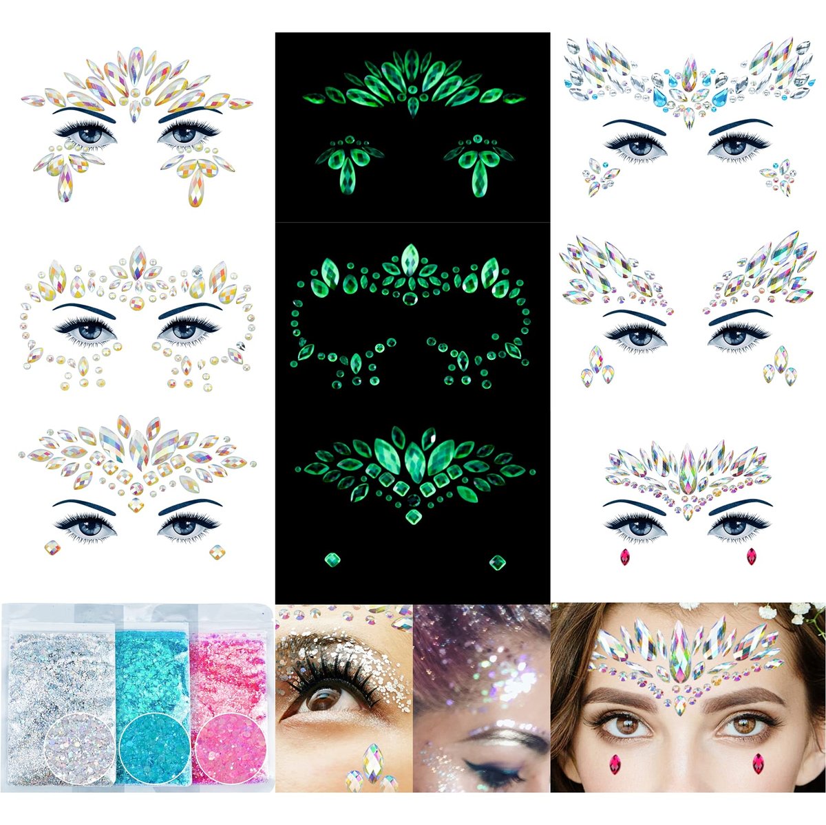 6 Blätter Face Gems Aufkleber - Glitzernde Strasssteine temporäre Tattoos für Frauen, Festival Rave Outfit Euphoria Accessoires (30g, 3Luminous)