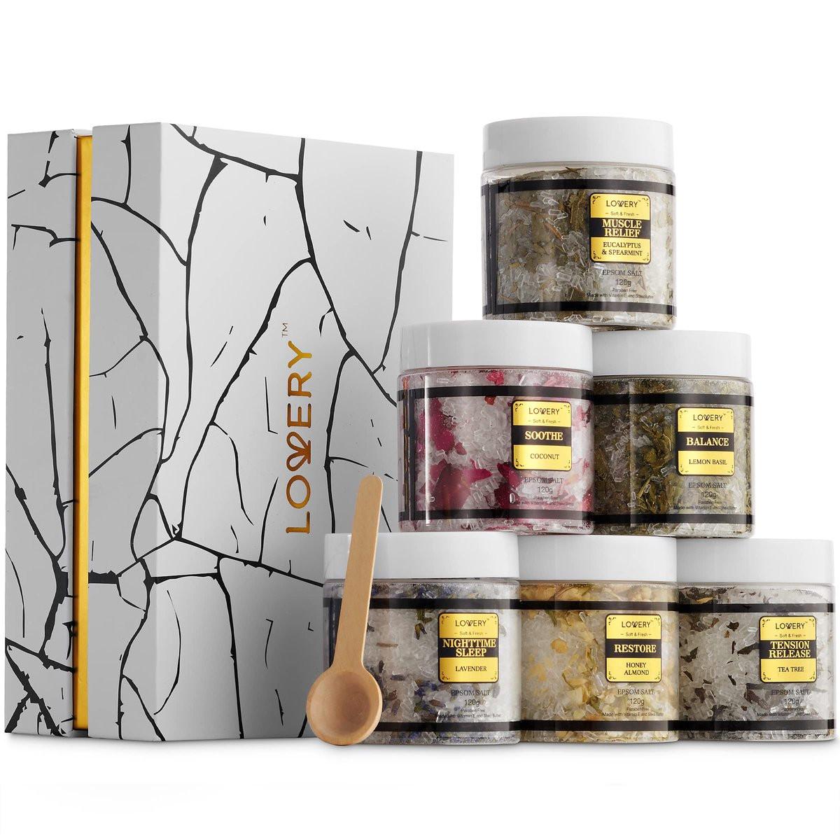 Muttertagsgeschenke für Mama, Epsom Badesalz Geschenkset, Selbstpflegesalz mit ätherischen Ölen, Geschenke für Frauen, Lavendel, Eukalyptus, Zitrone, Kokosnuss, Teebaum, Honig-Mandel