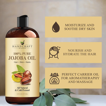 Handcraft Blends Jojobaöl | 100% rein und natürlich | Ayurvedische Hautpflege | Premium Trägeröl | Gesicht | Haut | Haare | Massage | Kaltgepresst | Hexanfrei | 473 ml