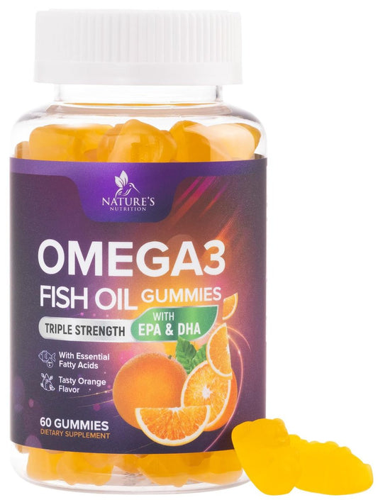 Omega 3 Fischöl Gummis - 3-fache Stärke, Herzgesundheit, hochabsorbierendes Omega 3 mit DHA & EPA, Gelenk- & Gehirnunterstützung für Erwachsene, leckerer Orangengeschmack - 60 Gummis