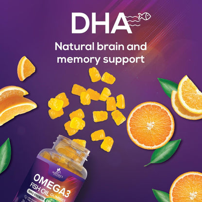 Omega 3 Fischöl Gummis - 3-fache Stärke, Herzgesundheit, hochabsorbierendes Omega 3 mit DHA & EPA, Gelenk- & Gehirnunterstützung für Erwachsene, leckerer Orangengeschmack - 60 Gummis