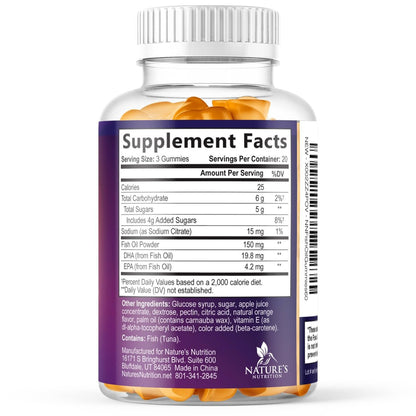 Omega 3 Fischöl Gummis - 3-fache Stärke, Herzgesundheit, hochabsorbierendes Omega 3 mit DHA & EPA, Gelenk- & Gehirnunterstützung für Erwachsene, leckerer Orangengeschmack - 60 Gummis