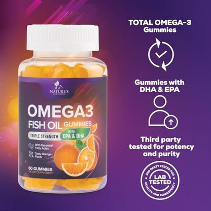 Omega 3 Fischöl Gummis - 3-fache Stärke, Herzgesundheit, hochabsorbierendes Omega 3 mit DHA & EPA, Gelenk- & Gehirnunterstützung für Erwachsene, leckerer Orangengeschmack - 60 Gummis