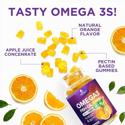 Omega 3 Fischöl Gummis - 3-fache Stärke, Herzgesundheit, hochabsorbierendes Omega 3 mit DHA & EPA, Gelenk- & Gehirnunterstützung für Erwachsene, leckerer Orangengeschmack - 60 Gummis