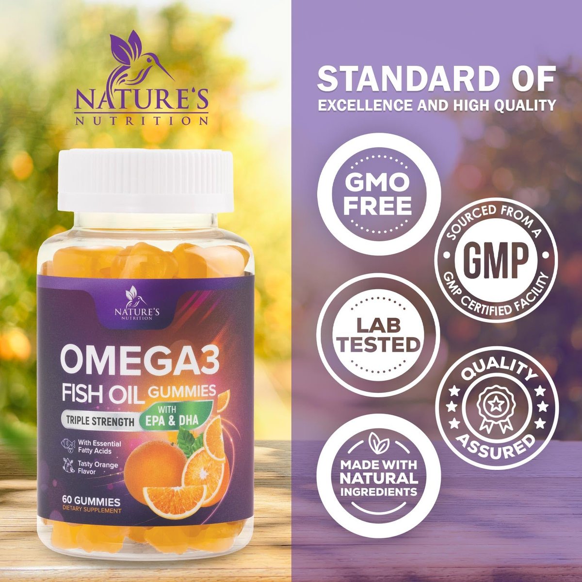 Omega 3 Fischöl Gummis - 3-fache Stärke, Herzgesundheit, hochabsorbierendes Omega 3 mit DHA & EPA, Gelenk- & Gehirnunterstützung für Erwachsene, leckerer Orangengeschmack - 60 Gummis
