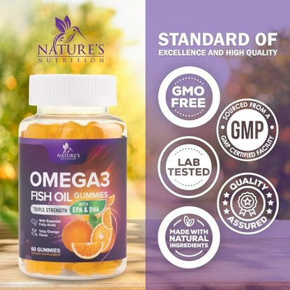 Omega 3 Fischöl Gummis - 3-fache Stärke, Herzgesundheit, hochabsorbierendes Omega 3 mit DHA & EPA, Gelenk- & Gehirnunterstützung für Erwachsene, leckerer Orangengeschmack - 60 Gummis