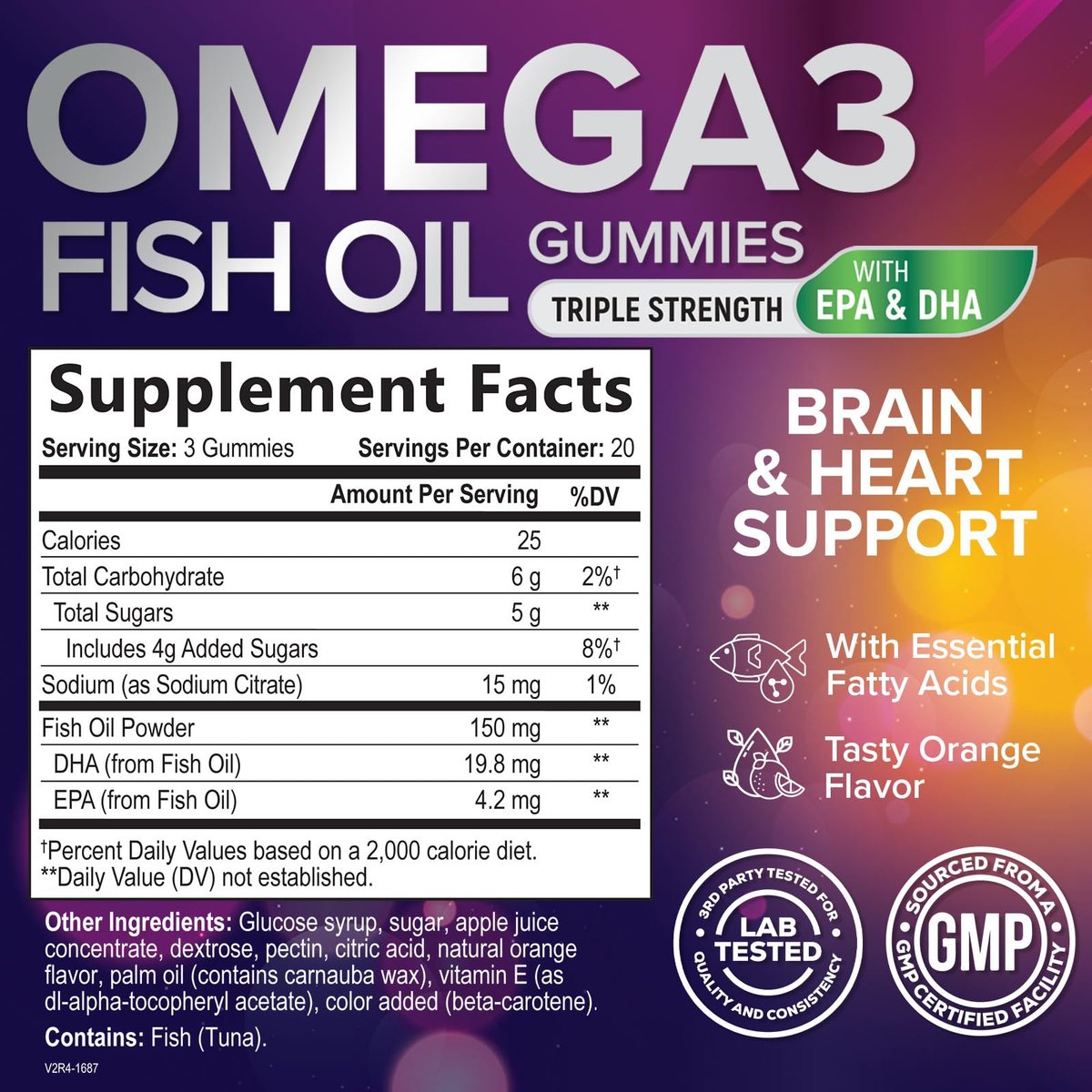 Omega 3 Fischöl Gummis - 3-fache Stärke, Herzgesundheit, hochabsorbierendes Omega 3 mit DHA & EPA, Gelenk- & Gehirnunterstützung für Erwachsene, leckerer Orangengeschmack - 60 Gummis