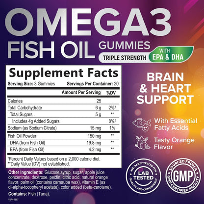Omega 3 Fischöl Gummis - 3-fache Stärke, Herzgesundheit, hochabsorbierendes Omega 3 mit DHA & EPA, Gelenk- & Gehirnunterstützung für Erwachsene, leckerer Orangengeschmack - 60 Gummis