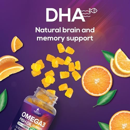 Omega 3 Fischöl Gummis - 3-fache Stärke, Herzgesundheit, hochabsorbierendes Omega 3 mit DHA & EPA, Gelenk- & Gehirnunterstützung für Erwachsene, leckerer Orangengeschmack - 60 Gummis