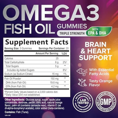 Omega 3 Fischöl Gummis - 3-fache Stärke, Herzgesundheit, hochabsorbierendes Omega 3 mit DHA & EPA, Gelenk- & Gehirnunterstützung für Erwachsene, leckerer Orangengeschmack - 60 Gummis