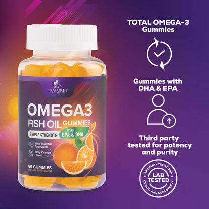 Omega 3 Fischöl Gummis - 3-fache Stärke, Herzgesundheit, hochabsorbierendes Omega 3 mit DHA & EPA, Gelenk- & Gehirnunterstützung für Erwachsene, leckerer Orangengeschmack - 60 Gummis