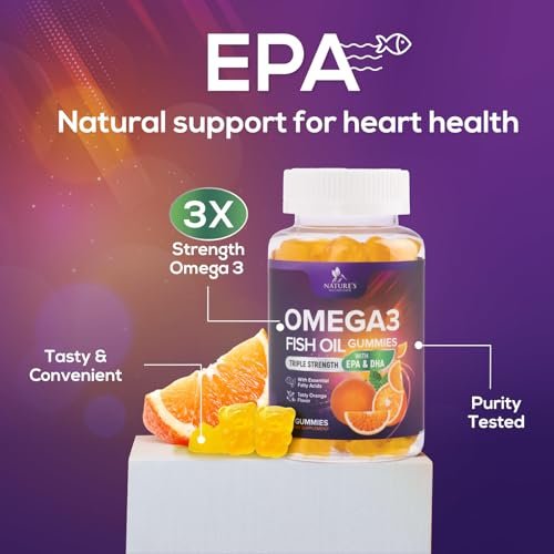 Omega 3 Fischöl Gummis - 3-fache Stärke, Herzgesundheit, hochabsorbierendes Omega 3 mit DHA & EPA, Gelenk- & Gehirnunterstützung für Erwachsene, leckerer Orangengeschmack - 60 Gummis