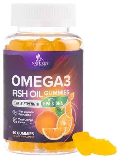 Omega 3 Fischöl Gummis - 3-fache Stärke, Herzgesundheit, hochabsorbierendes Omega 3 mit DHA & EPA, Gelenk- & Gehirnunterstützung für Erwachsene, leckerer Orangengeschmack - 60 Gummis