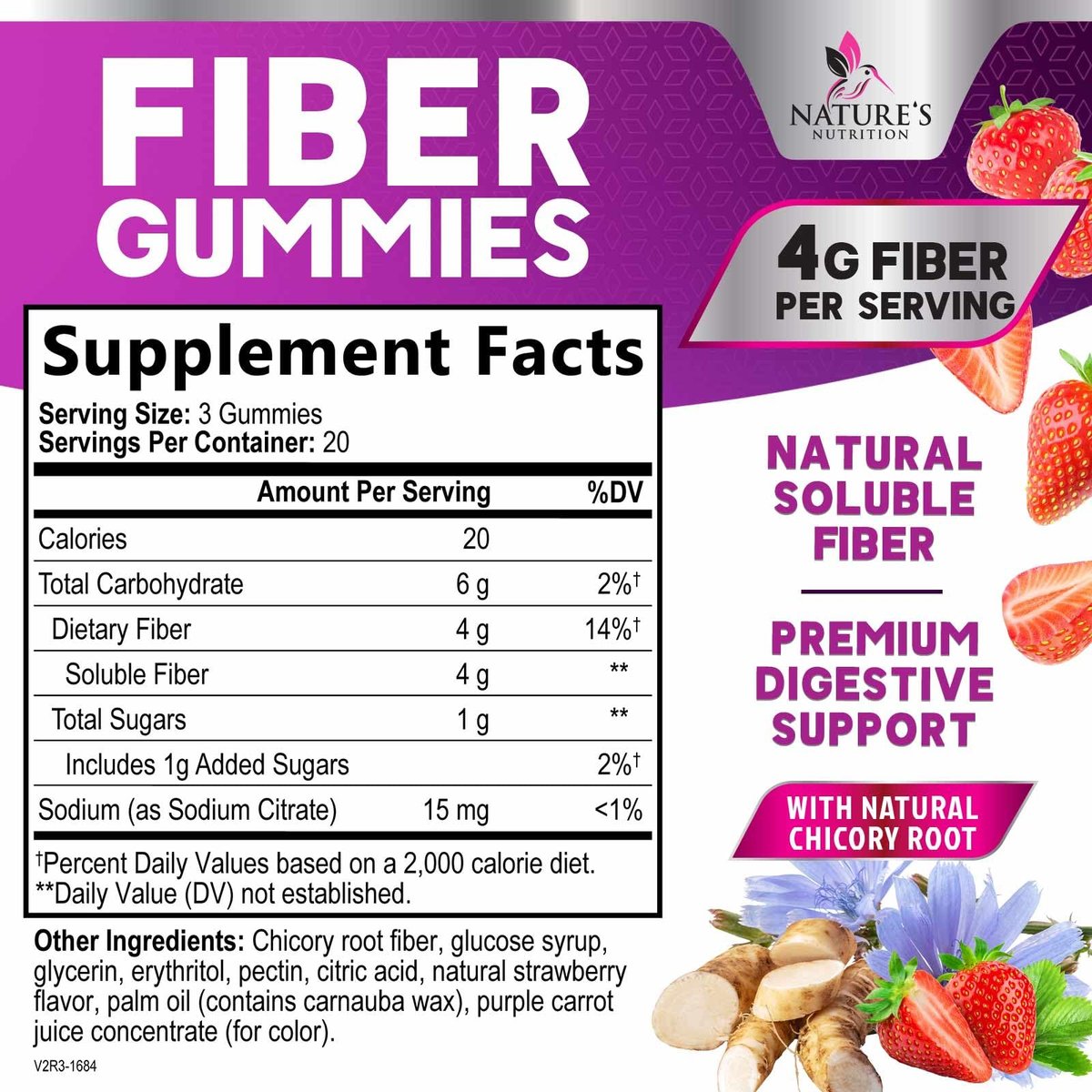 Ballaststoff-Gummibärchen für Erwachsene - 4g lösliche Ballaststoffe pro Portion - Pflanzliches Präbiotikum für Verdauungsgesundheit, Darmgesundheit & regelmäßige Verdauung - Vegan - Leckerer Beerengeschmack - 60 Stück