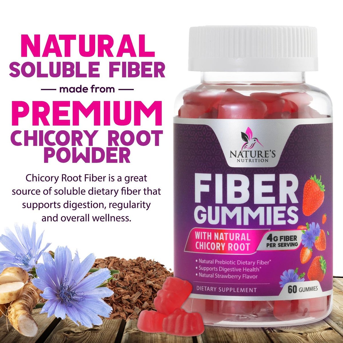 Ballaststoff-Gummibärchen für Erwachsene - 4g lösliche Ballaststoffe pro Portion - Pflanzliches Präbiotikum für Verdauungsgesundheit, Darmgesundheit & regelmäßige Verdauung - Vegan - Leckerer Beerengeschmack - 60 Stück