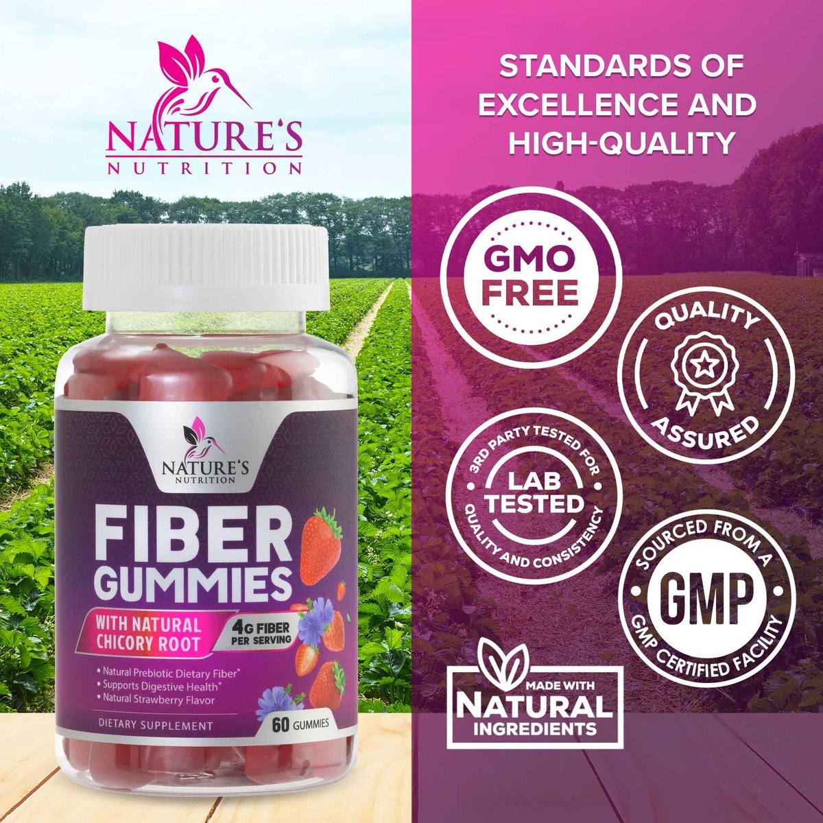 Ballaststoff-Gummibärchen für Erwachsene - 4g lösliche Ballaststoffe pro Portion - Pflanzliches Präbiotikum für Verdauungsgesundheit, Darmgesundheit & regelmäßige Verdauung - Vegan - Leckerer Beerengeschmack - 60 Stück
