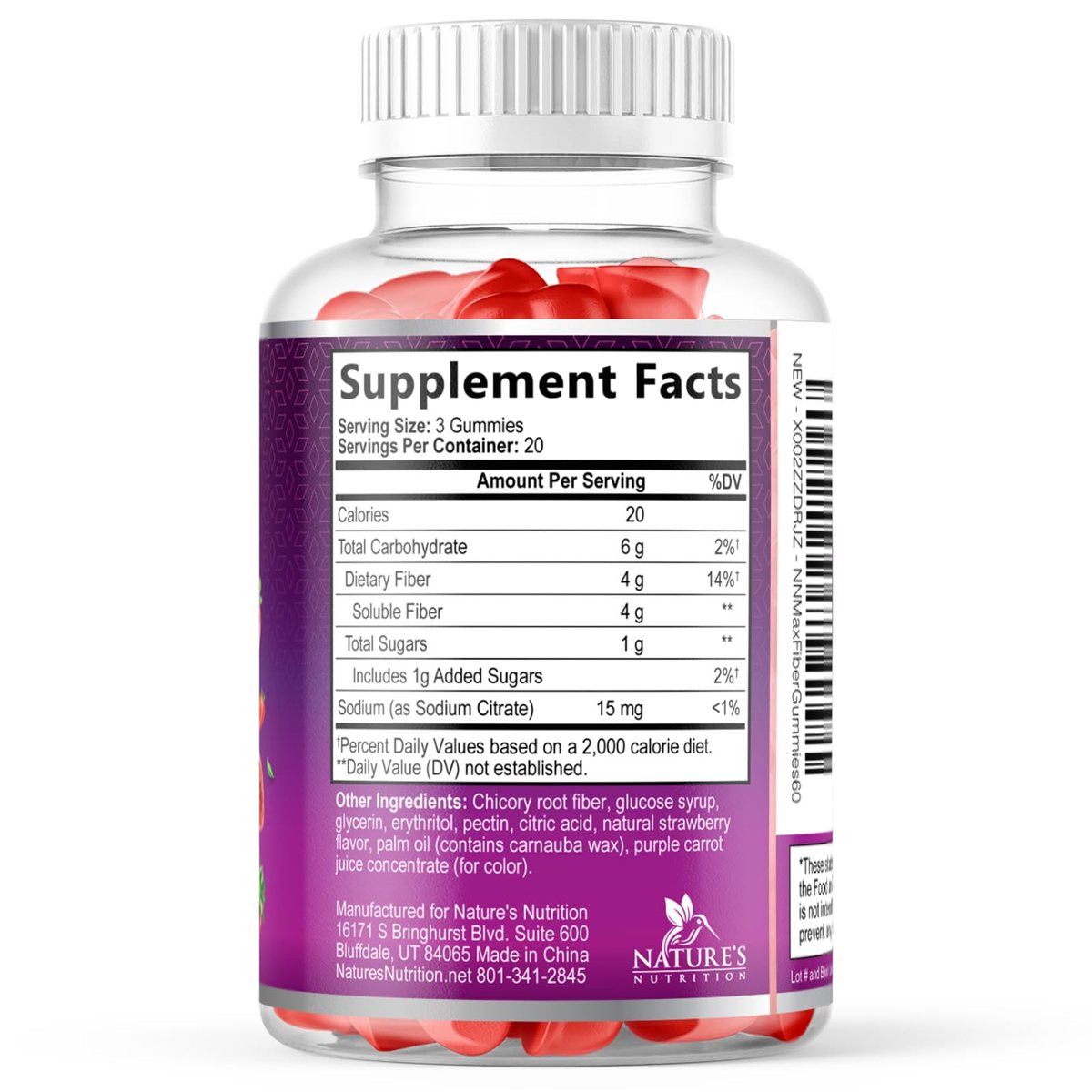 Ballaststoff-Gummibärchen für Erwachsene - 4g lösliche Ballaststoffe pro Portion - Pflanzliches Präbiotikum für Verdauungsgesundheit, Darmgesundheit & regelmäßige Verdauung - Vegan - Leckerer Beerengeschmack - 60 Stück