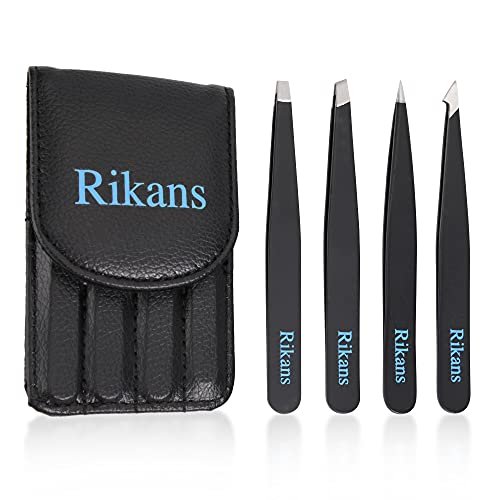 Rikans Präzisionspinzetten Set – 4 schwarze Profi-Pinzetten mit Etui – Edelstahl – für Splitter, Augenbrauen, Gesichts- oder eingewachsene Haare – Mitesserentferner