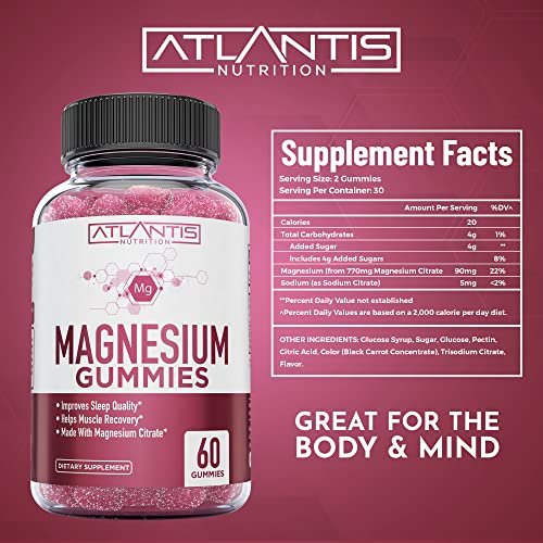 Atlantis Nutrition Magnesium Citrate Gummies – Magnesium Gummis – 90mg Magnesium (aus 770mg Magnesiumcitrat) | Unterstützt Muskelerholung, lindert Krämpfe, fördert Ruhe & besseren Schlaf | 60 Gummis