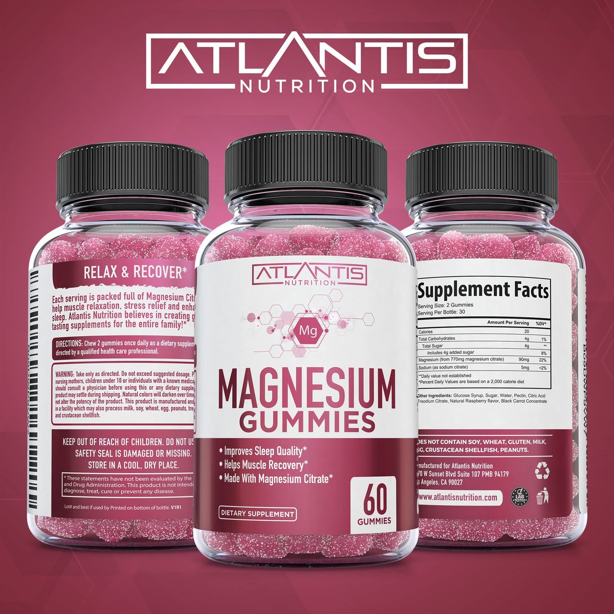 Atlantis Nutrition Magnesium Citrate Gummies – Magnesium Gummis – 90mg Magnesium (aus 770mg Magnesiumcitrat) | Unterstützt Muskelerholung, lindert Krämpfe, fördert Ruhe & besseren Schlaf | 60 Gummis