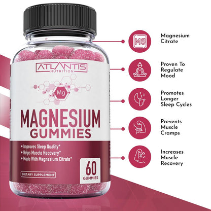 Atlantis Nutrition Magnesium Citrate Gummies – Magnesium Gummis – 90mg Magnesium (aus 770mg Magnesiumcitrat) | Unterstützt Muskelerholung, lindert Krämpfe, fördert Ruhe & besseren Schlaf | 60 Gummis