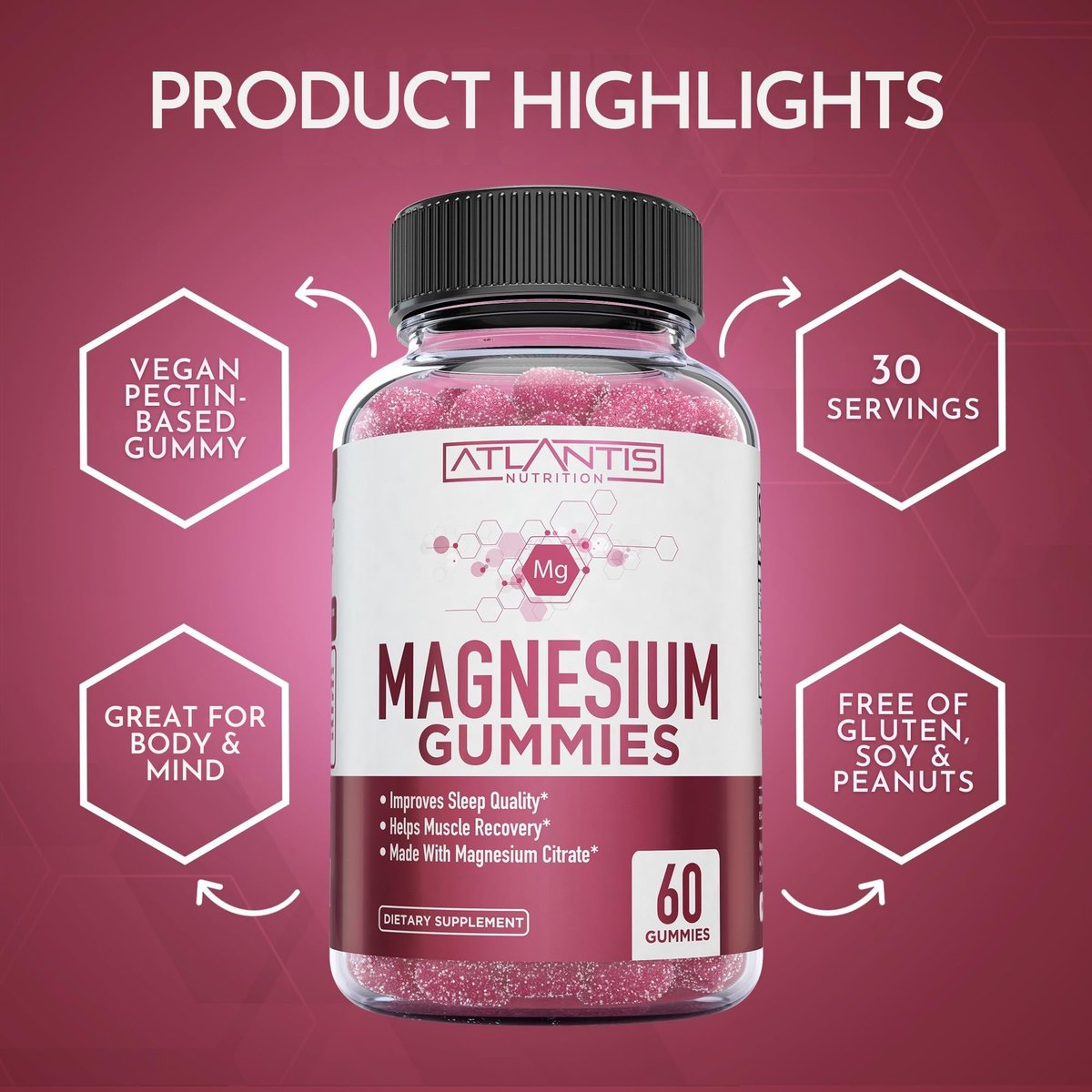 Atlantis Nutrition Magnesium Citrate Gummies – Magnesium Gummis – 90mg Magnesium (aus 770mg Magnesiumcitrat) | Unterstützt Muskelerholung, lindert Krämpfe, fördert Ruhe & besseren Schlaf | 60 Gummis