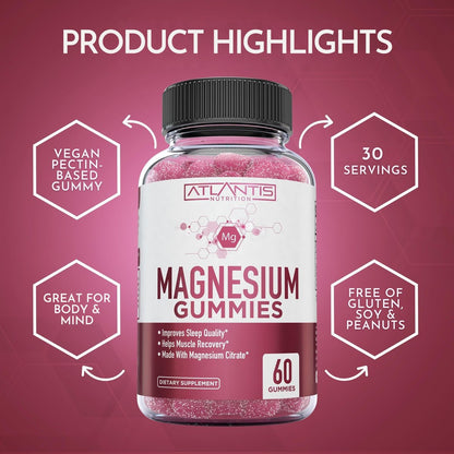 Atlantis Nutrition Magnesium Citrate Gummies – Magnesium Gummis – 90mg Magnesium (aus 770mg Magnesiumcitrat) | Unterstützt Muskelerholung, lindert Krämpfe, fördert Ruhe & besseren Schlaf | 60 Gummis