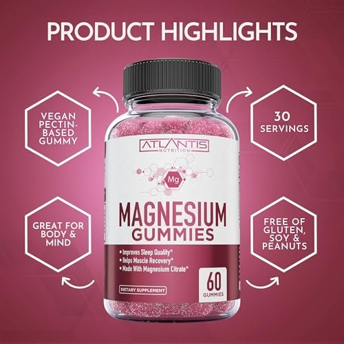 Atlantis Nutrition Magnesium Citrate Gummies – Magnesium Gummis – 90mg Magnesium (aus 770mg Magnesiumcitrat) | Unterstützt Muskelerholung, lindert Krämpfe, fördert Ruhe & besseren Schlaf | 60 Gummis
