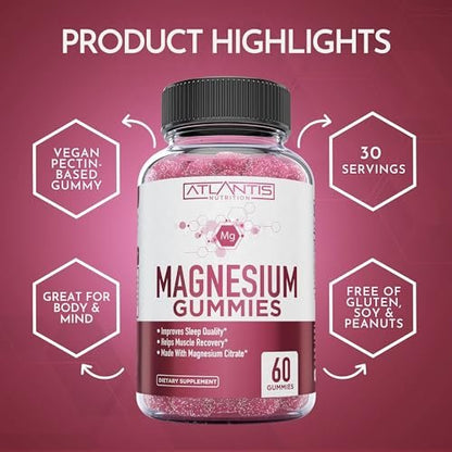 Atlantis Nutrition Magnesium Citrate Gummies – Magnesium Gummis – 90mg Magnesium (aus 770mg Magnesiumcitrat) | Unterstützt Muskelerholung, lindert Krämpfe, fördert Ruhe & besseren Schlaf | 60 Gummis