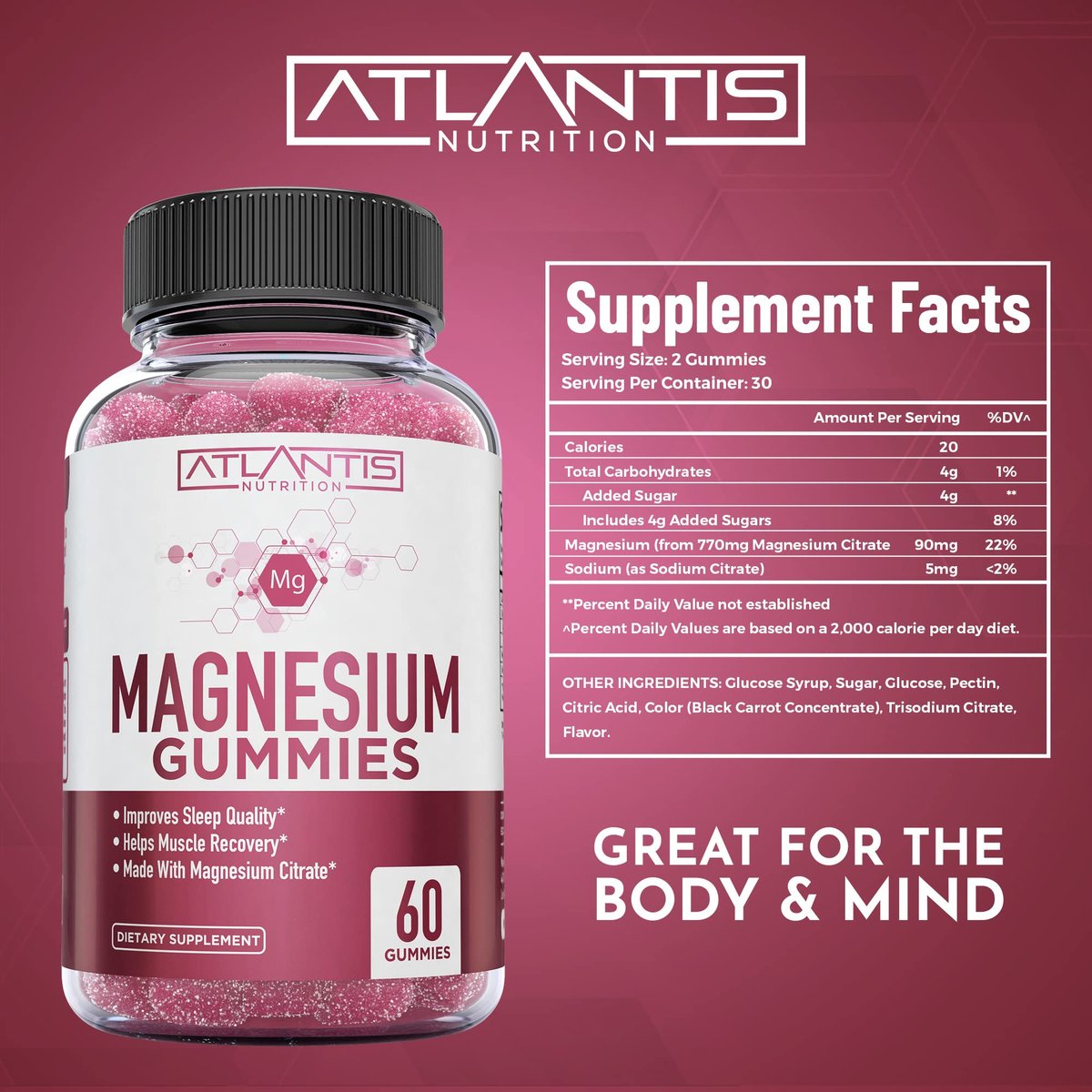 Atlantis Nutrition Magnesium Citrate Gummies – Magnesium Gummis – 90mg Magnesium (aus 770mg Magnesiumcitrat) | Unterstützt Muskelerholung, lindert Krämpfe, fördert Ruhe & besseren Schlaf | 60 Gummis
