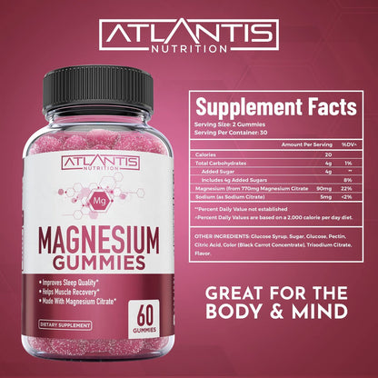 Atlantis Nutrition Magnesium Citrate Gummies – Magnesium Gummis – 90mg Magnesium (aus 770mg Magnesiumcitrat) | Unterstützt Muskelerholung, lindert Krämpfe, fördert Ruhe & besseren Schlaf | 60 Gummis