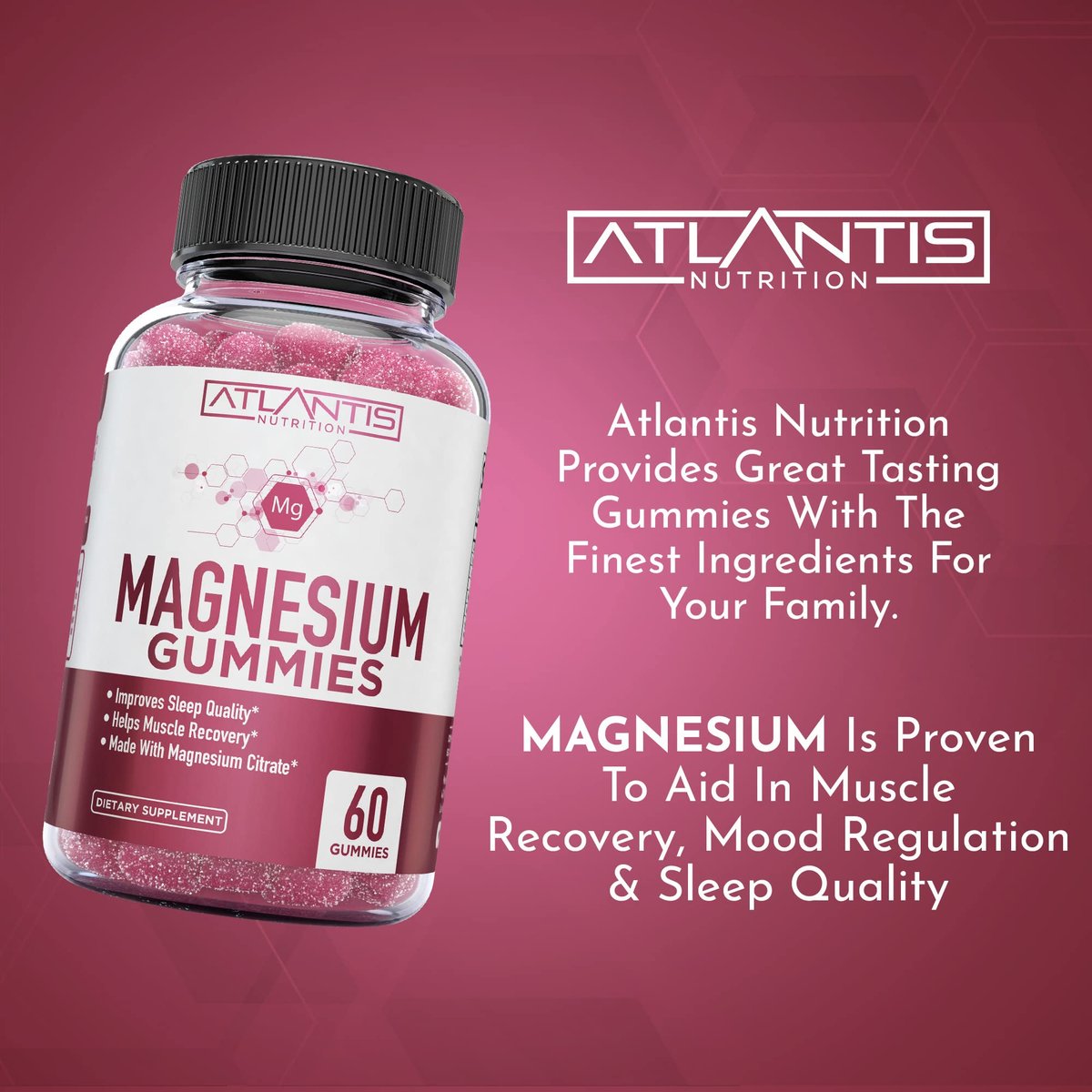 Atlantis Nutrition Magnesium Citrate Gummies – Magnesium Gummis – 90mg Magnesium (aus 770mg Magnesiumcitrat) | Unterstützt Muskelerholung, lindert Krämpfe, fördert Ruhe & besseren Schlaf | 60 Gummis