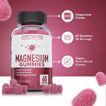 Atlantis Nutrition Magnesium Citrate Gummies – Magnesium Gummis – 90mg Magnesium (aus 770mg Magnesiumcitrat) | Unterstützt Muskelerholung, lindert Krämpfe, fördert Ruhe & besseren Schlaf | 60 Gummis