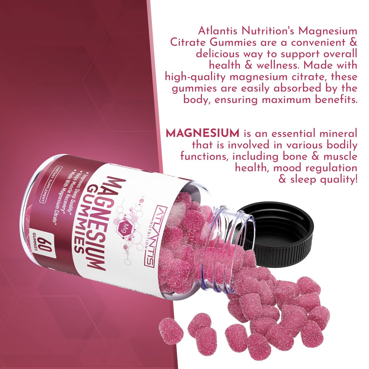 Atlantis Nutrition Magnesium Citrate Gummies – Magnesium Gummis – 90mg Magnesium (aus 770mg Magnesiumcitrat) | Unterstützt Muskelerholung, lindert Krämpfe, fördert Ruhe & besseren Schlaf | 60 Gummis
