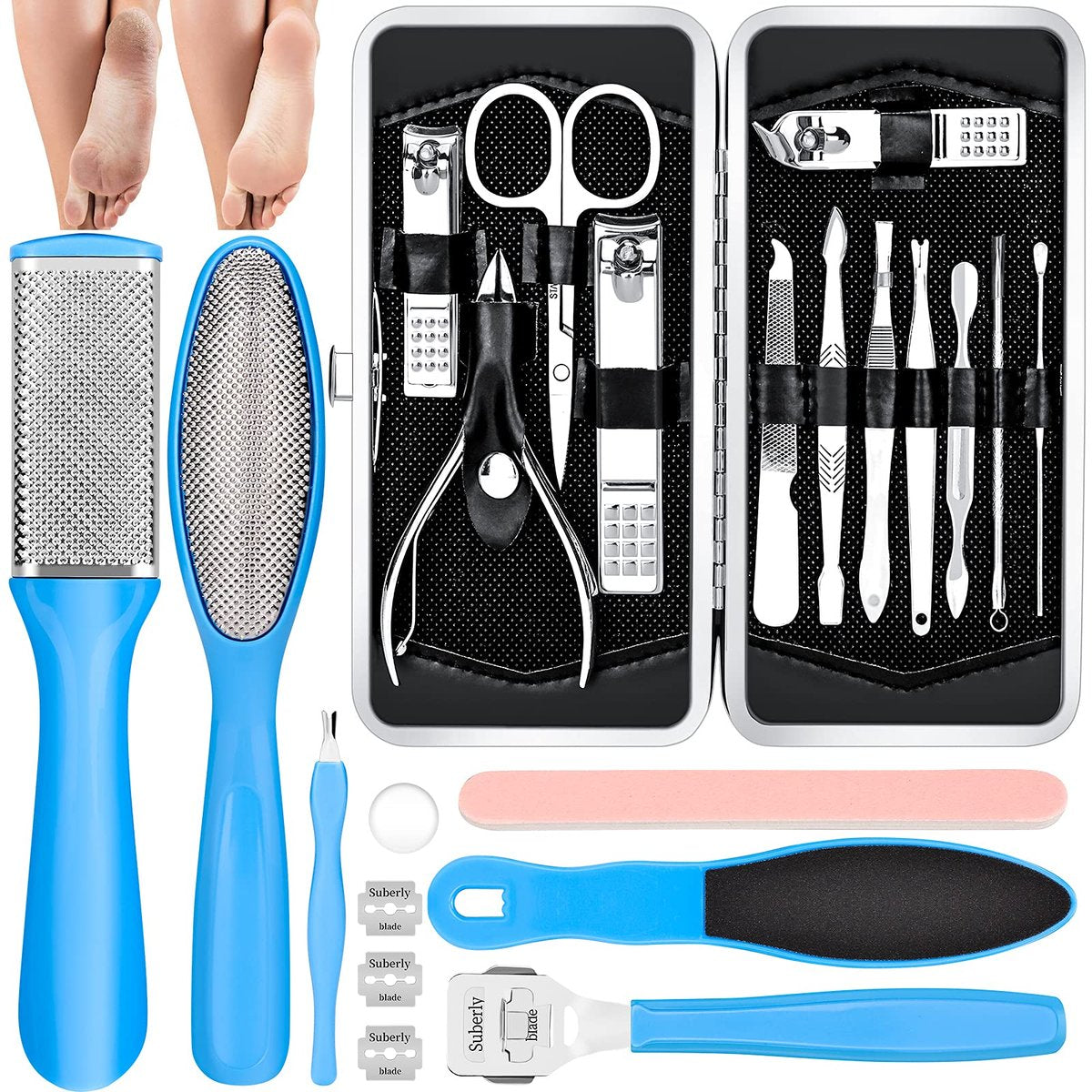 FINTOZER Pediküre-Set 23-teilig - Hornhautentferner für die Füße, professionelles Maniküre- und Pediküre-Werkzeug aus Edelstahl, Fußpflegeset für zu Hause, Blau
