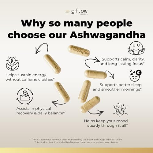 gflow vitamins Ashwagandha Nahrungsergänzungsmittel für Frauen und Männer | Schlaf-, Stimmungs- und Energieunterstützung | Extra stark, veganfreundlich, nicht genetisch verändert, hergestellt in den USA